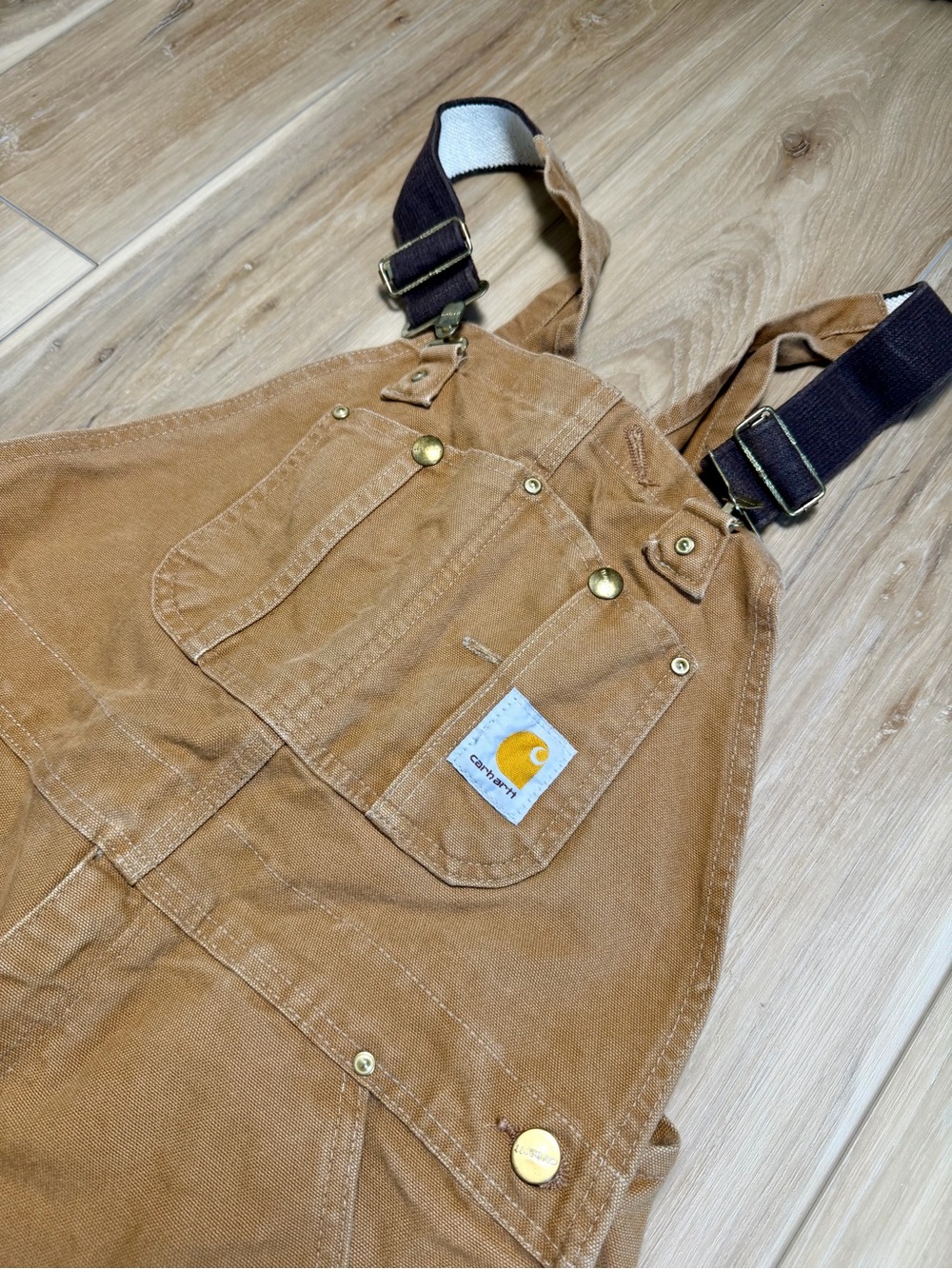Vintage Carhartt Tan Duck Canvas Bib Overalls with Dark Brown Straps size 36/30